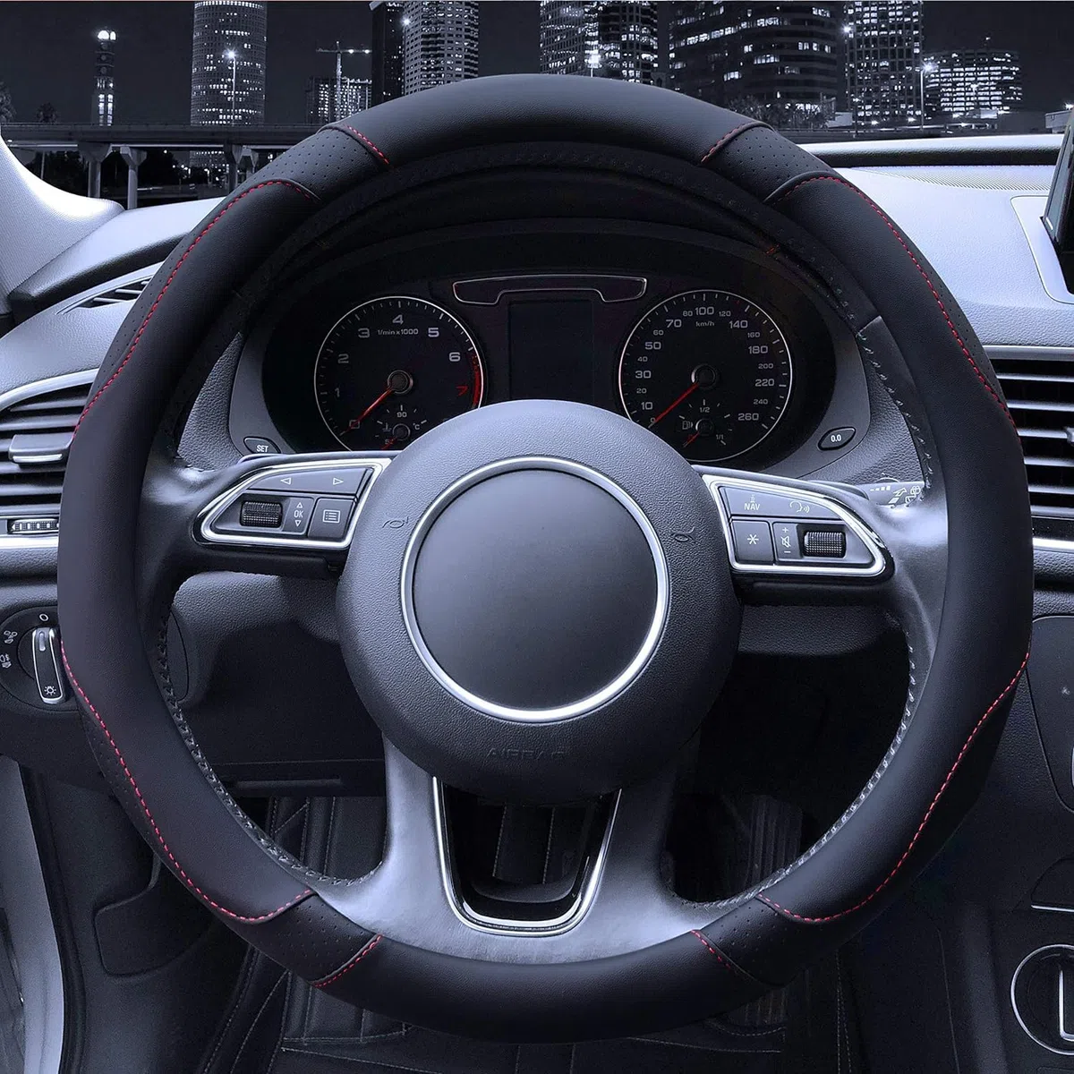 Funda de Piel sintética para Volante de Coche, Antideslizante, Transpirable, Estilo Deportivo, Color de Contraste negro