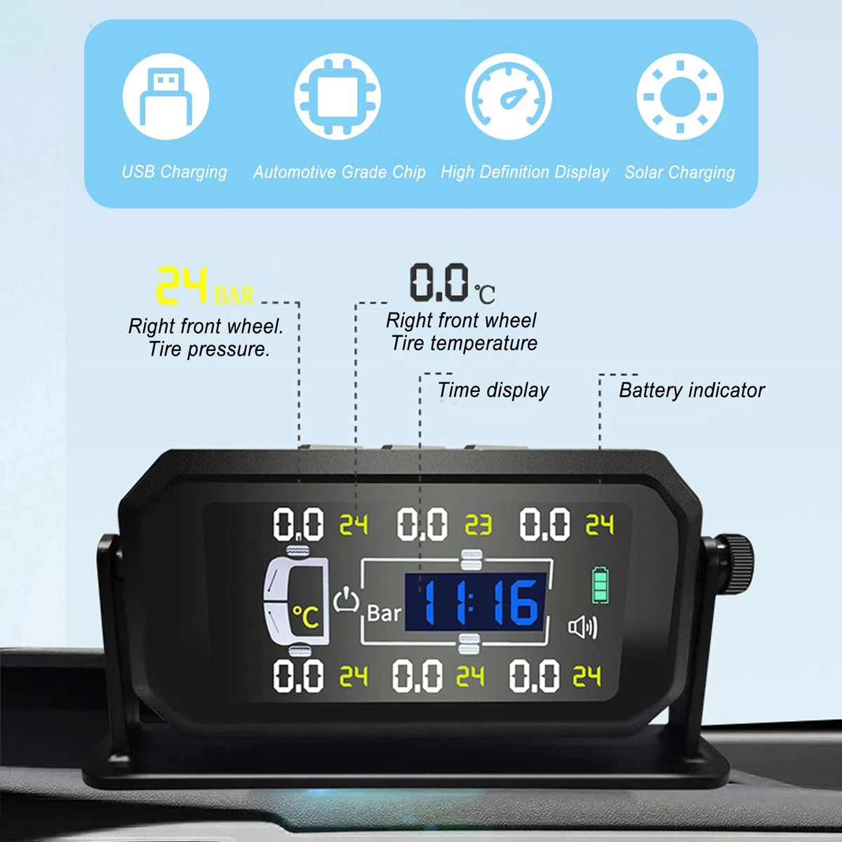 HAMON TPMS Sistema de control de presión de neumáticos solar, sistema de control de presión de neumáticos TPMS, con 6 sensores de presión de neumáticos, inalámbrico, solar, TPMS, distancia de