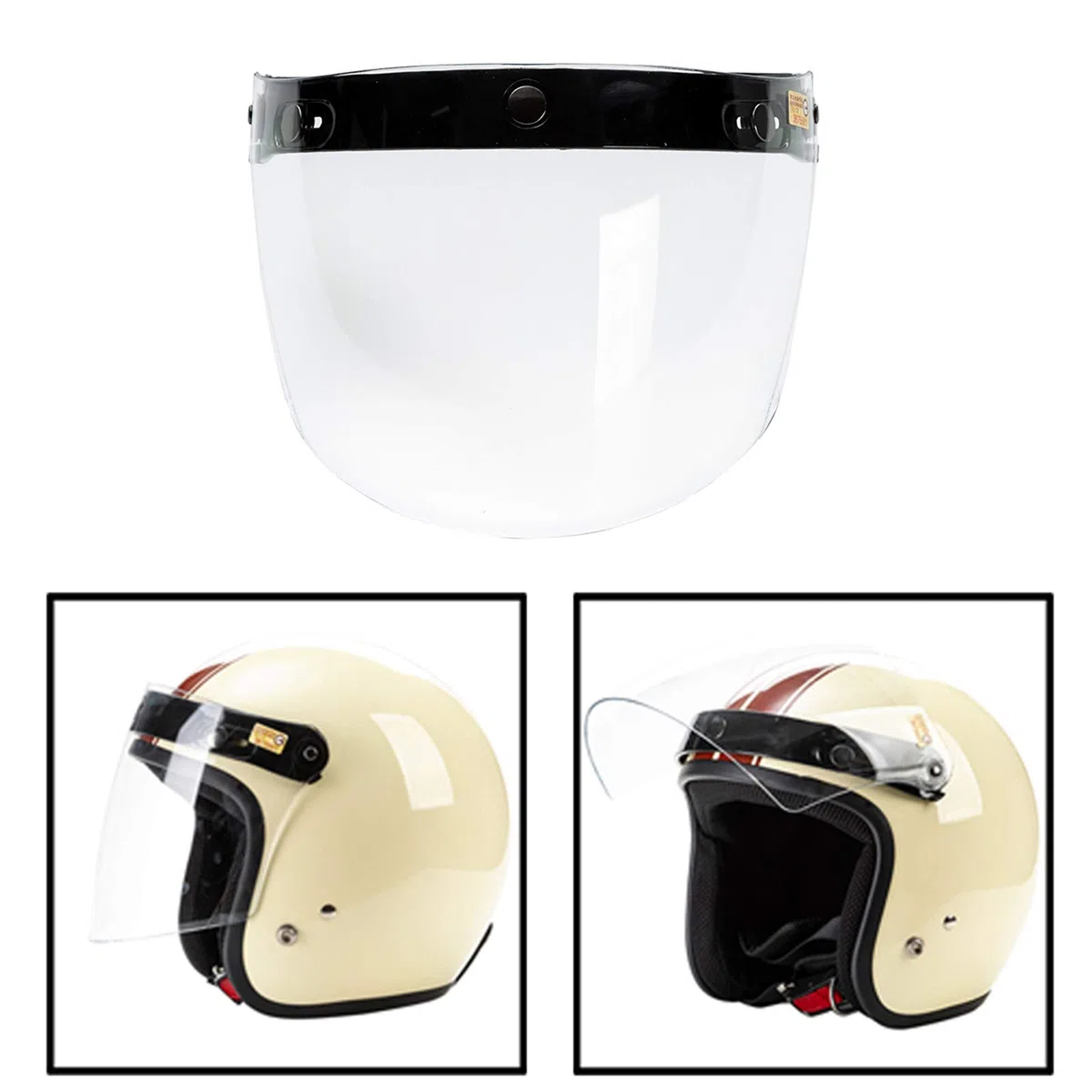 Cascos de Moto de Motocicleta de Cara Abierta Retro Visera de Lente de Protección Contra El Viento Diseño de 3 Broches, Clásico - Claro