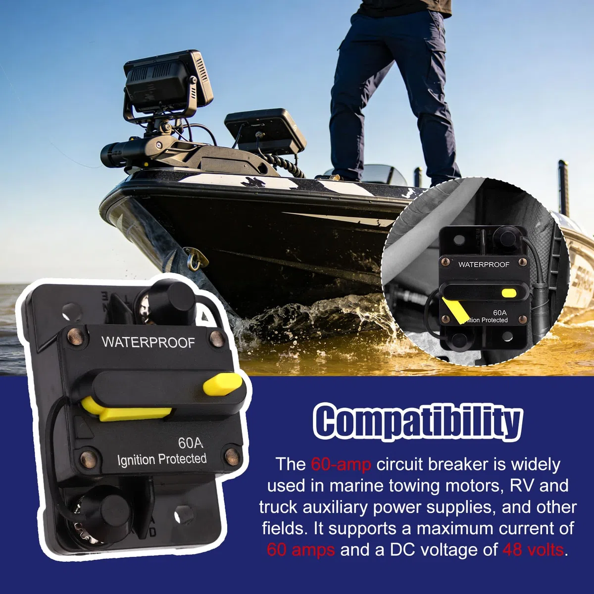 Disyuntor 1865115 MKR-27 para Minn Kota, Repuesto de Disyuntor Marino de 60 Amperios Compatible con Motores Eléctricos Pesca Arrastre Minn Kota 12 V/24 V/36 V/48 V