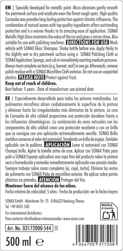 SONAX Pulimento metalizado alto brillo (500ml) limpia, pule, sella y abrillanta. Con cera de carnauba para una protección prolongada| N.° 03172000-544