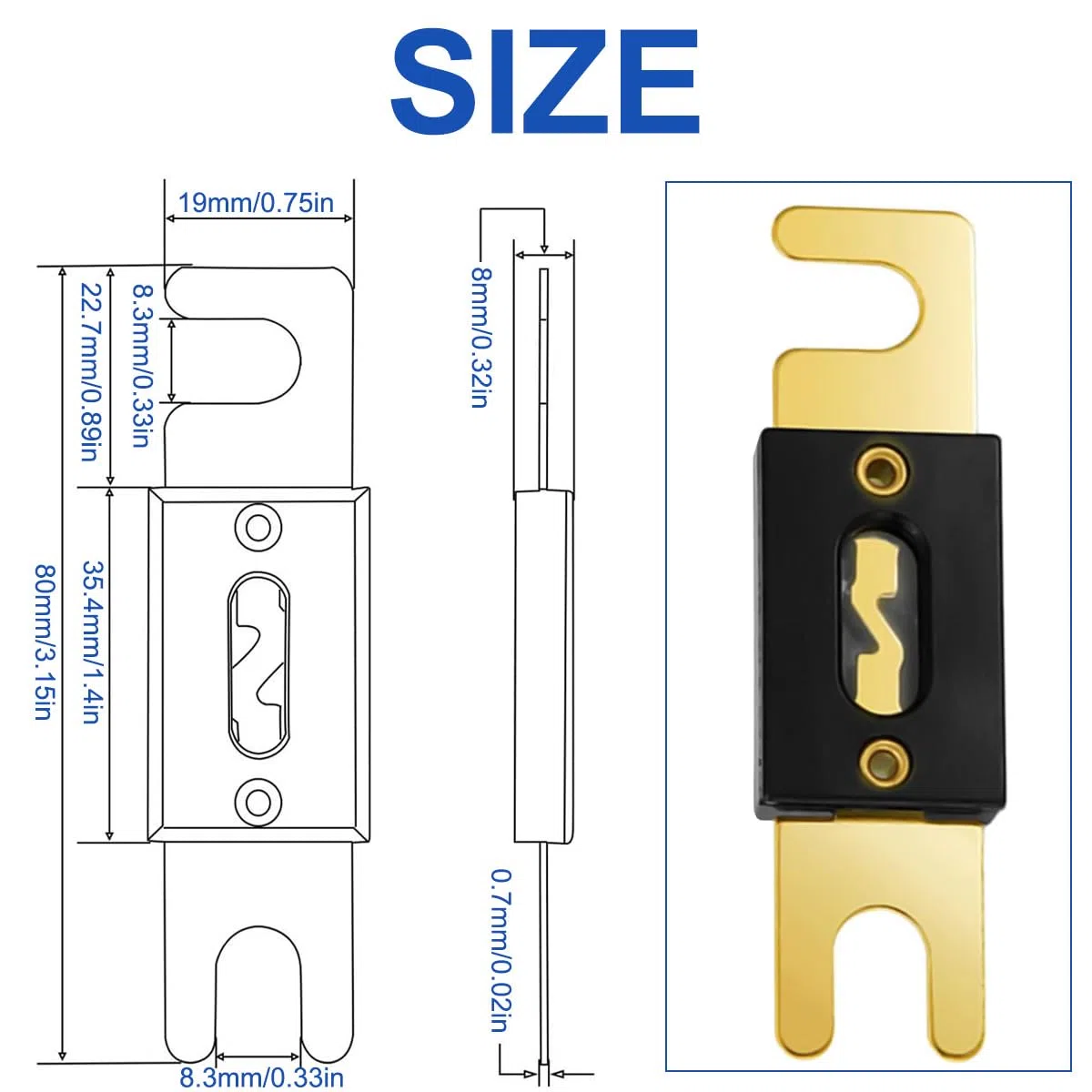 ANL Fusible chapado en oro 150 AMP Fusible de cuchilla + Portafusibles ANL, Estéreo de audio y video para automóvil, Calibre 0/2/4 Entrada y salida, para sistema de audio - Paquete de 2