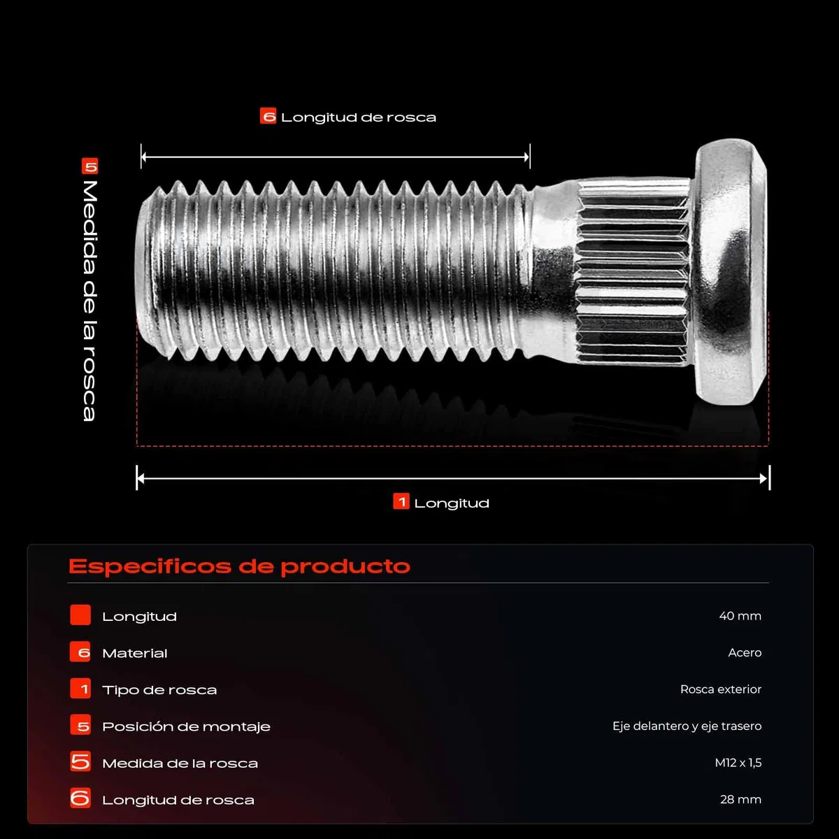 Frankberg 5x Perno de rueda Tornillo de rueda Delantero Trasero Compatible con A,u,r,i,s A,v,e,n,s,i,s Camry Carina Celica Corolla Crown Dyna Hilux Land Cruiser Yaris 1980-2019 Replace# 9094202049