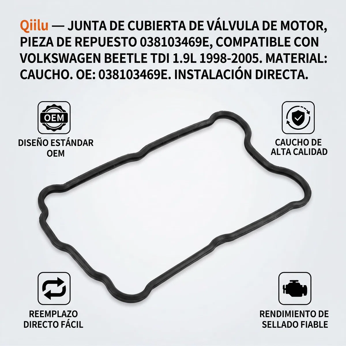 Qiilu Junta de tapa de válvula, junta de tapa de válvula de motor 038103469E Reemplazo de accesorio de coche apto para 1998-2005 TDI 1.9L