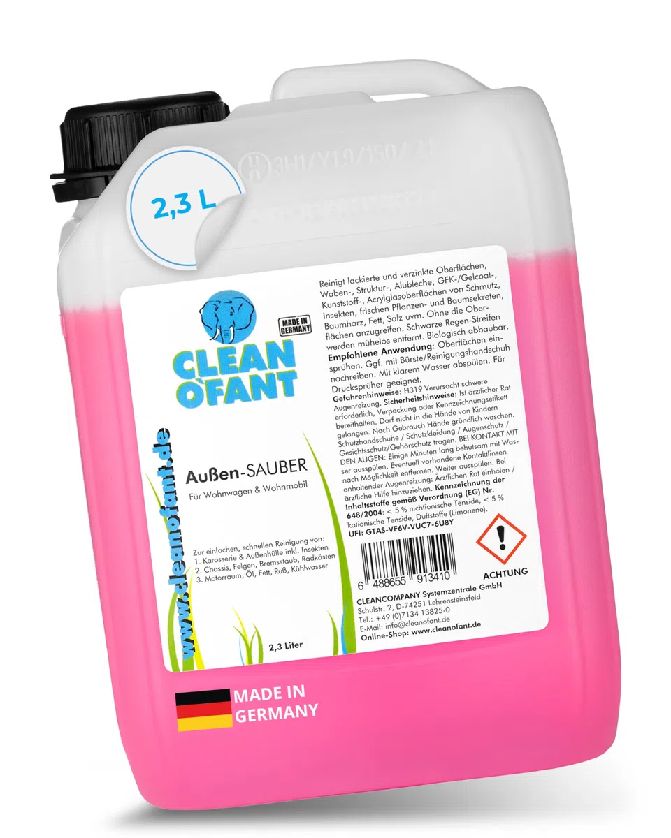 CLEANOFANT 2,3 Litro Especial Limpiador para Caravana,Autocaravana,Caravan - Champú Unido Exteriores, Repelentes de Insectos,Limpiador Ruedas,Limpiador Compartimiento Motor
