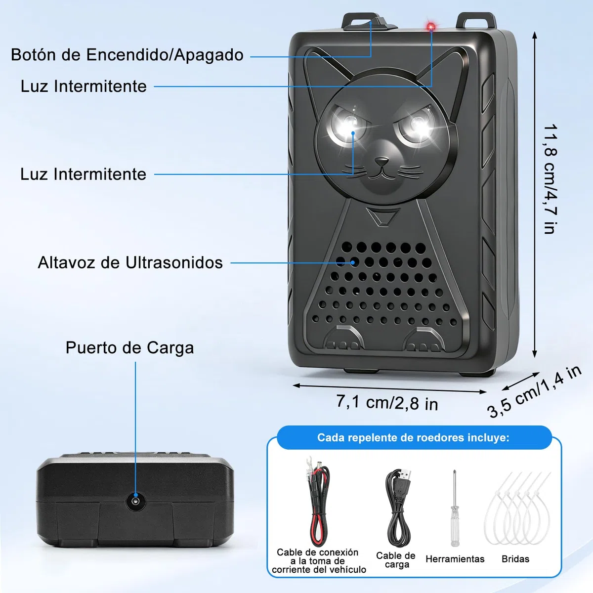 Ultrasónico Ahuyentador de Ratas para Coche con Flash, 3 Modos de Carga, Ahuyentador de Martas para Coche para Aticos, Hogar, Jardín y Automóviles