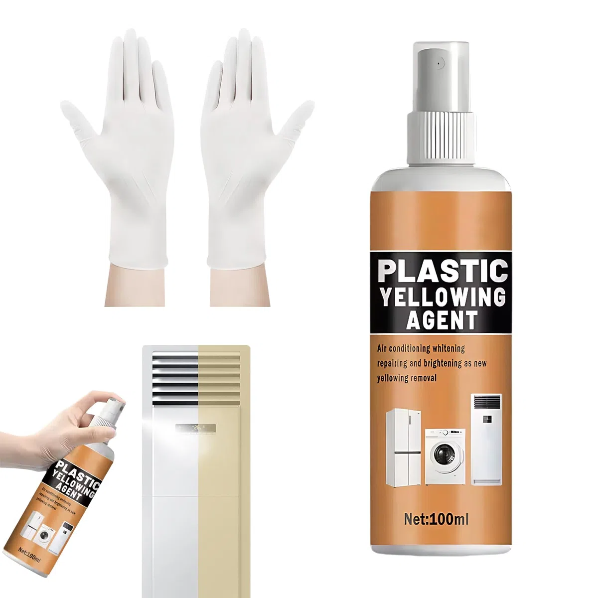 Limpiador para plásticos amarillentos, 100 ml,limpiador para marcos de ventanas de plástico blancos,incluye un par de guantes; apto para aires acondicionados, lavadoras, inodoros, etc.