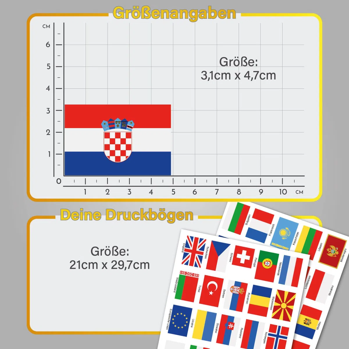 Finest Folia Juego de 50 banderas de país en 2 hojas DIN A4, cada bandera, 4,9 x 3,3 cm, pegatinas para modelismo, bicicleta, coche, moto, decoración de países R108 (Europa)