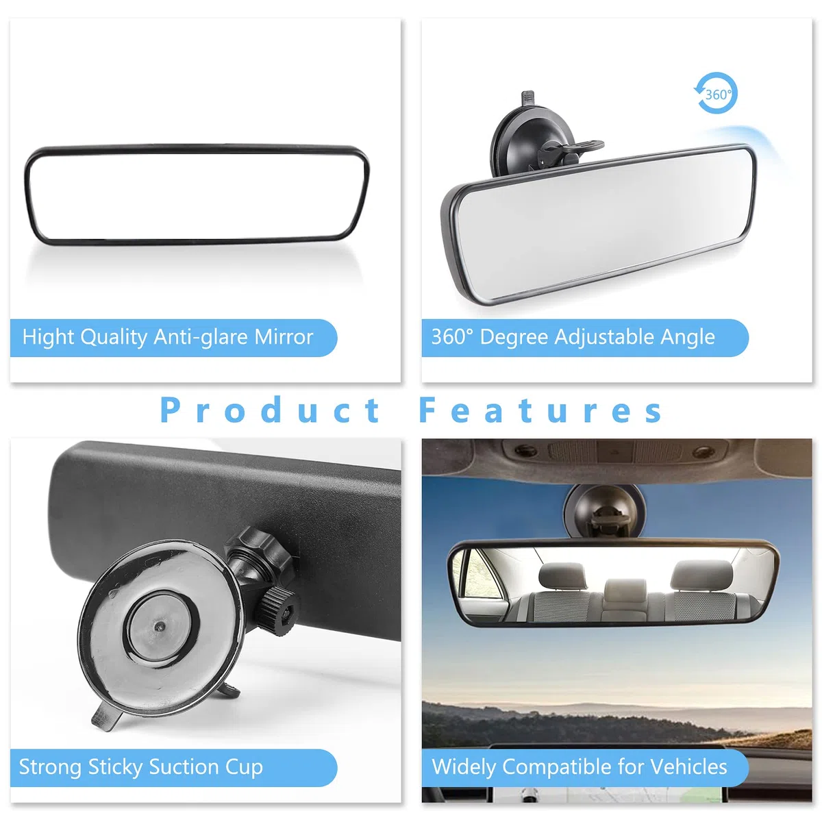 Espejo Retrovisor Panorámico Plano Blanco de 24,5 cm con Ventosa, Espejo Retrovisor Coche Interiores Universales para Automóvil, SUV y Camiones
