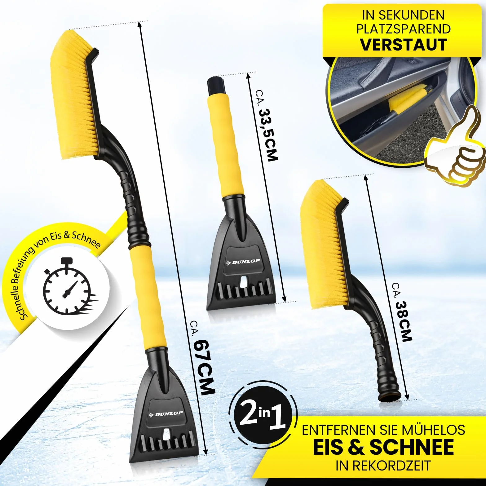 DUNLOP Rascador de hielo para coche con escoba, rápido hielo y nieve, con microlabio especial de 105 mm de ancho, elimina suavemente el parabrisas telescópico