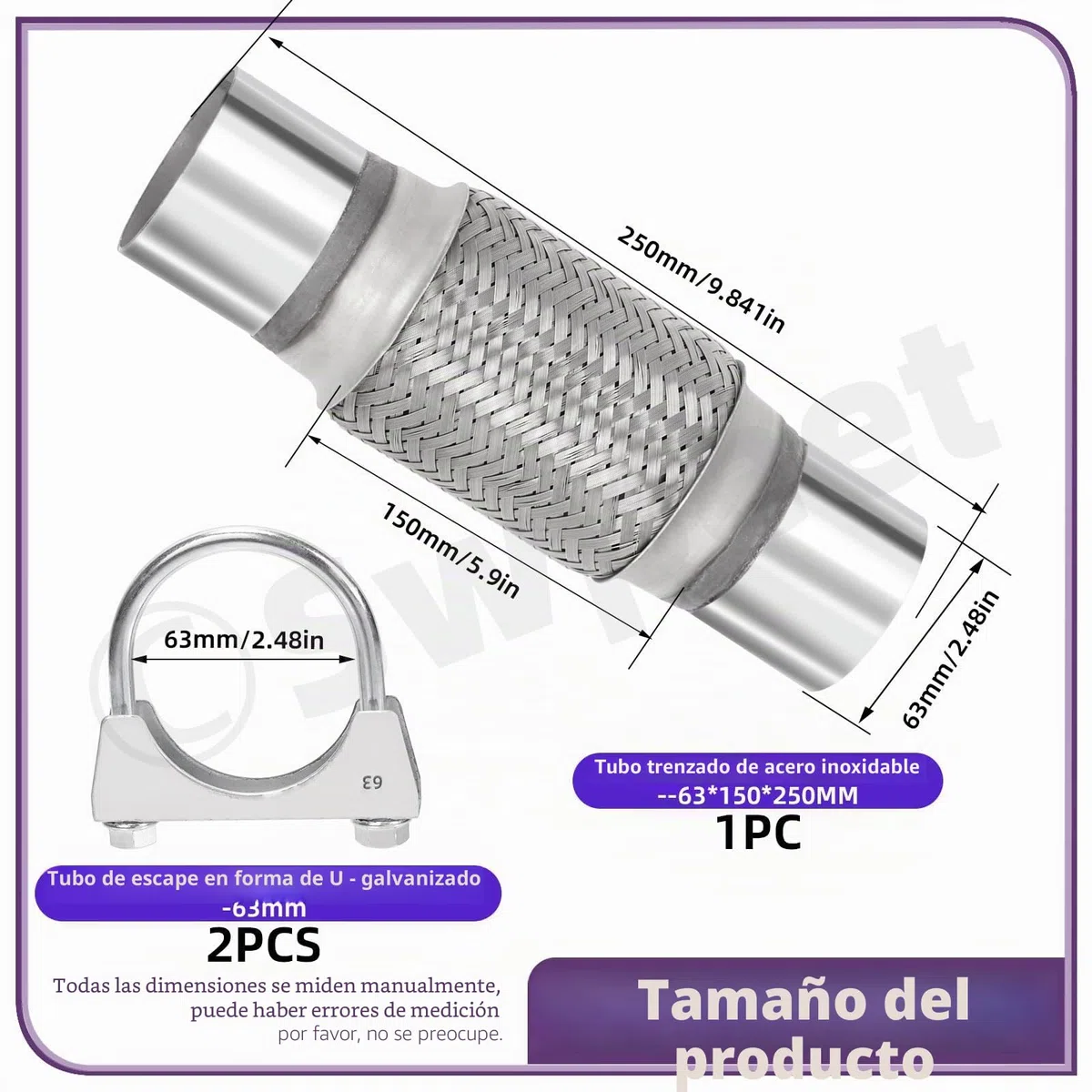 Swpeet 3 piezas tubo flexible de escape de 2,5 x 6 pulgadas con kit de abrazadera en U de escape de 2,5 pulgadas, tipo universal de acero inoxidable de doble trenza, tubo flexible de escape ideal para