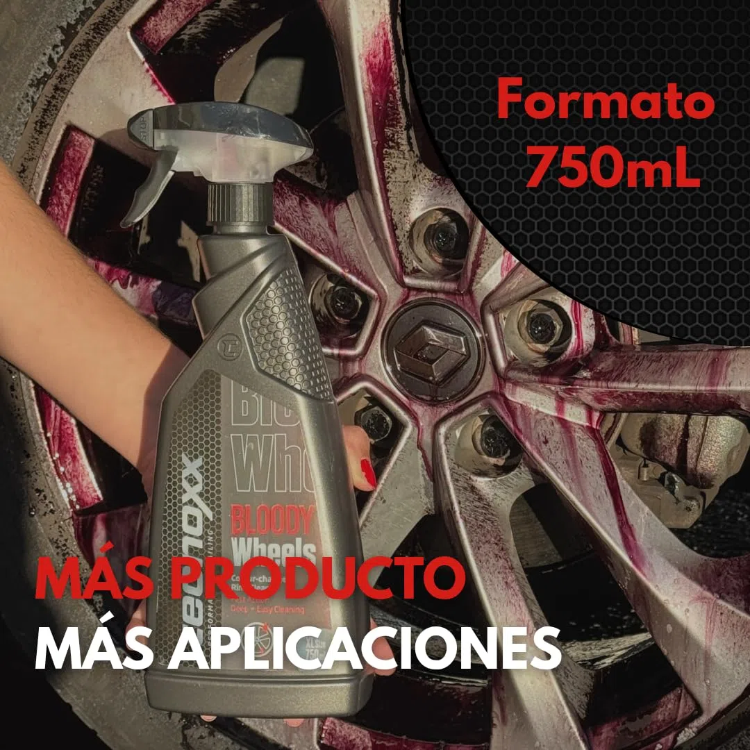 Tecnoxx Bloody Wheels – Limpia llantas descontaminante férrico profesional con efecto sangrado | Sin frotar, elimina óxido, polvo de freno y suciedad | Seguro para todo tipo de llantas – 750mL