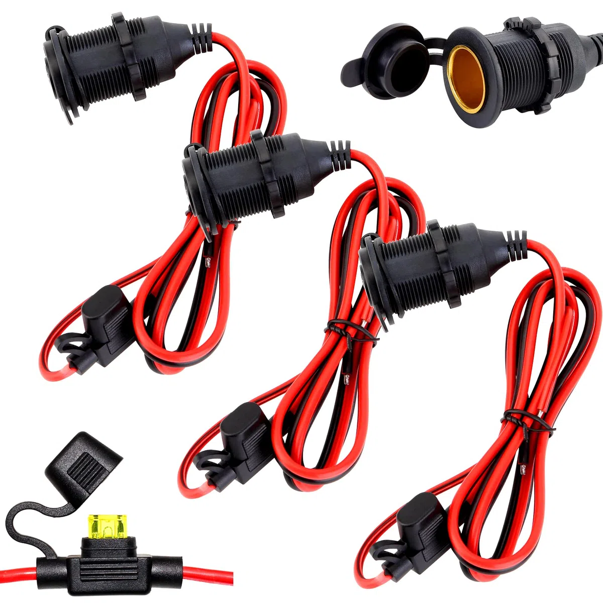 Toma De Encendedor,3 Piezas Zócalo del Encendedor de Cigarrillos,Enchufe Mechero Impermeable 12V / 24V DC,Waterproof Marine Grade,Toma de Mechero para Motocicleta ATV RV,con Cable de Conexión de 0,6m