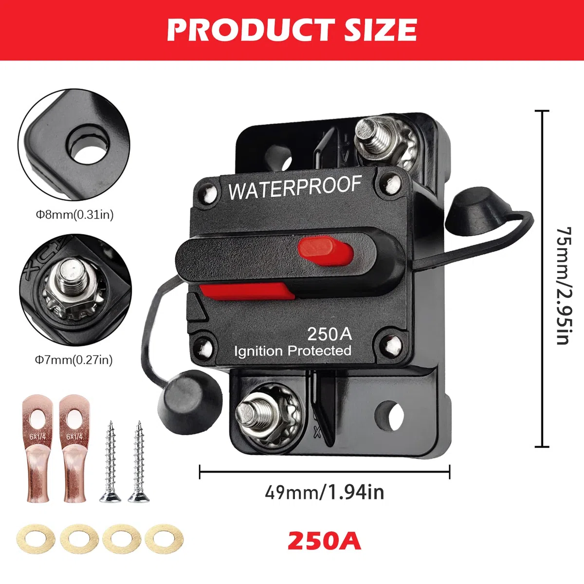 2 unidades de 250 A disyuntores automáticos para coche 12 V-48 V CC 250 amperios, interruptor de fusible automático resistente al agua con reinicio manual para camión barco