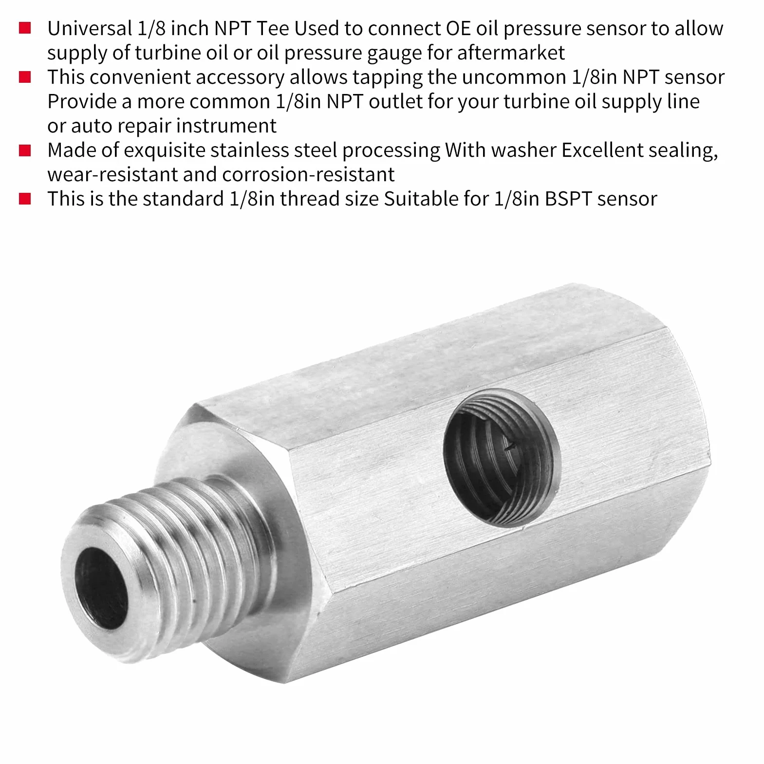 Accesorio Npt del sensor de presión de aceite, 1/8in a M12 X 1.5 Adaptador de acero inoxidable en forma de T Accesorio para automóvil