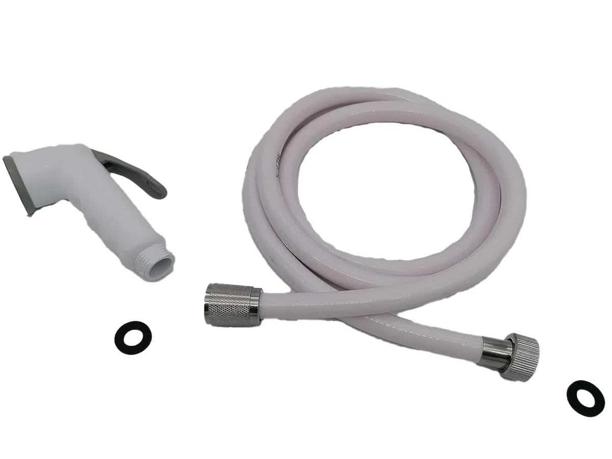 CR-MOESANCO® Kit de Ducha con Botón Pulsador Blanca y Gris, con Manguera Flexible de 1,5mt para Caravana, Barco, Camper o Autocaravana