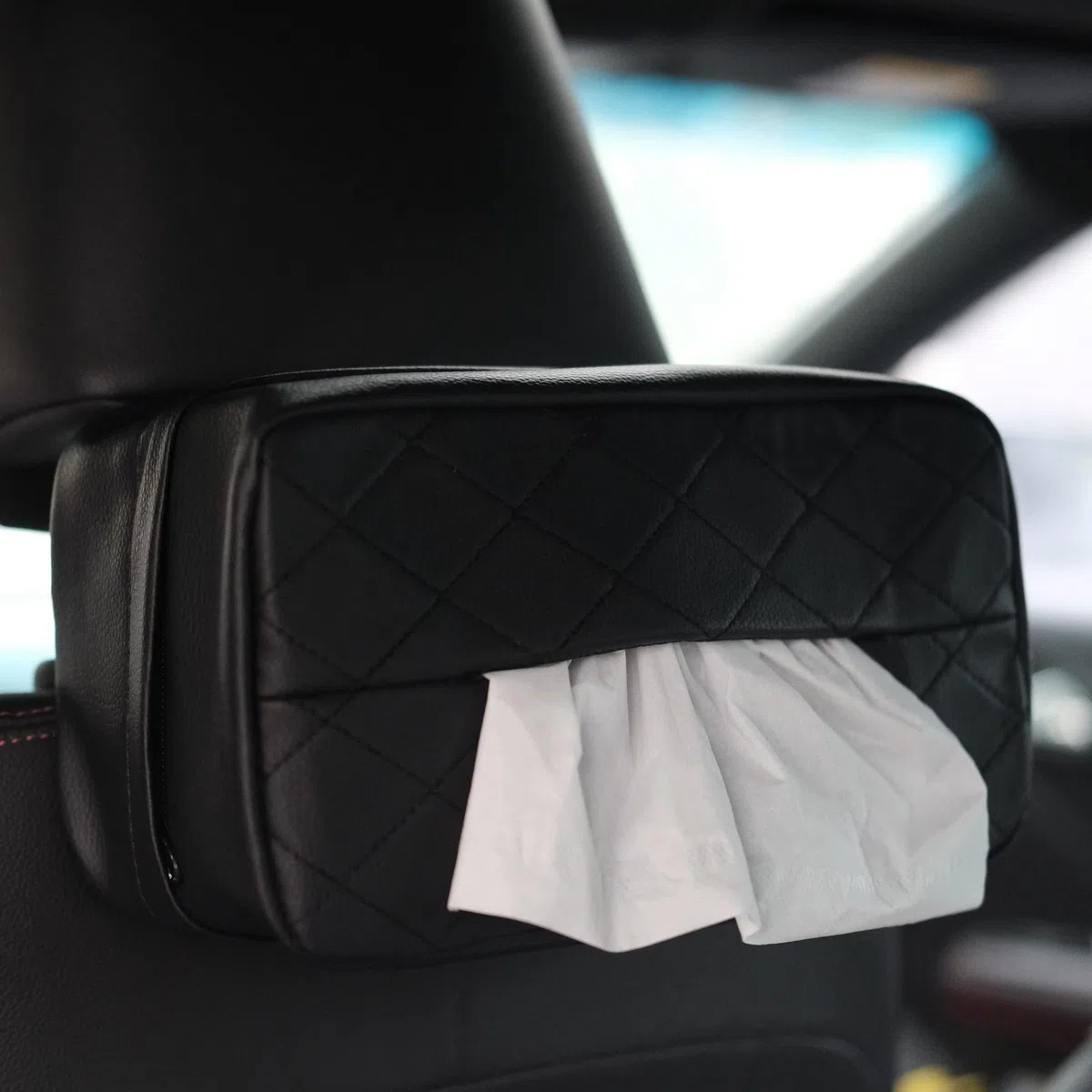 Soporte para pañuelos de coche de piel sintética para asiento trasero de coche, soporte para servilletas, universal, dispensador de pañuelos para 120 pañuelos por caja (negro)