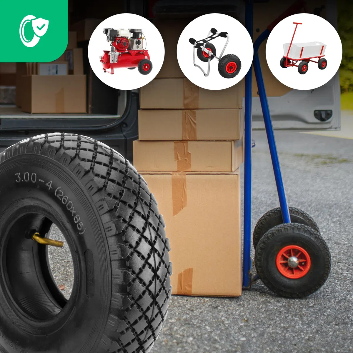 MOOVMOOV Neumático 3.00-4 (260x85) con Cámara de Aire Válvula Acodada TR87 | Compatible con Carretillas de Transporte, Remolques, Carros de Jardín de 4 Ruedas - Para Neumático 3.00-4