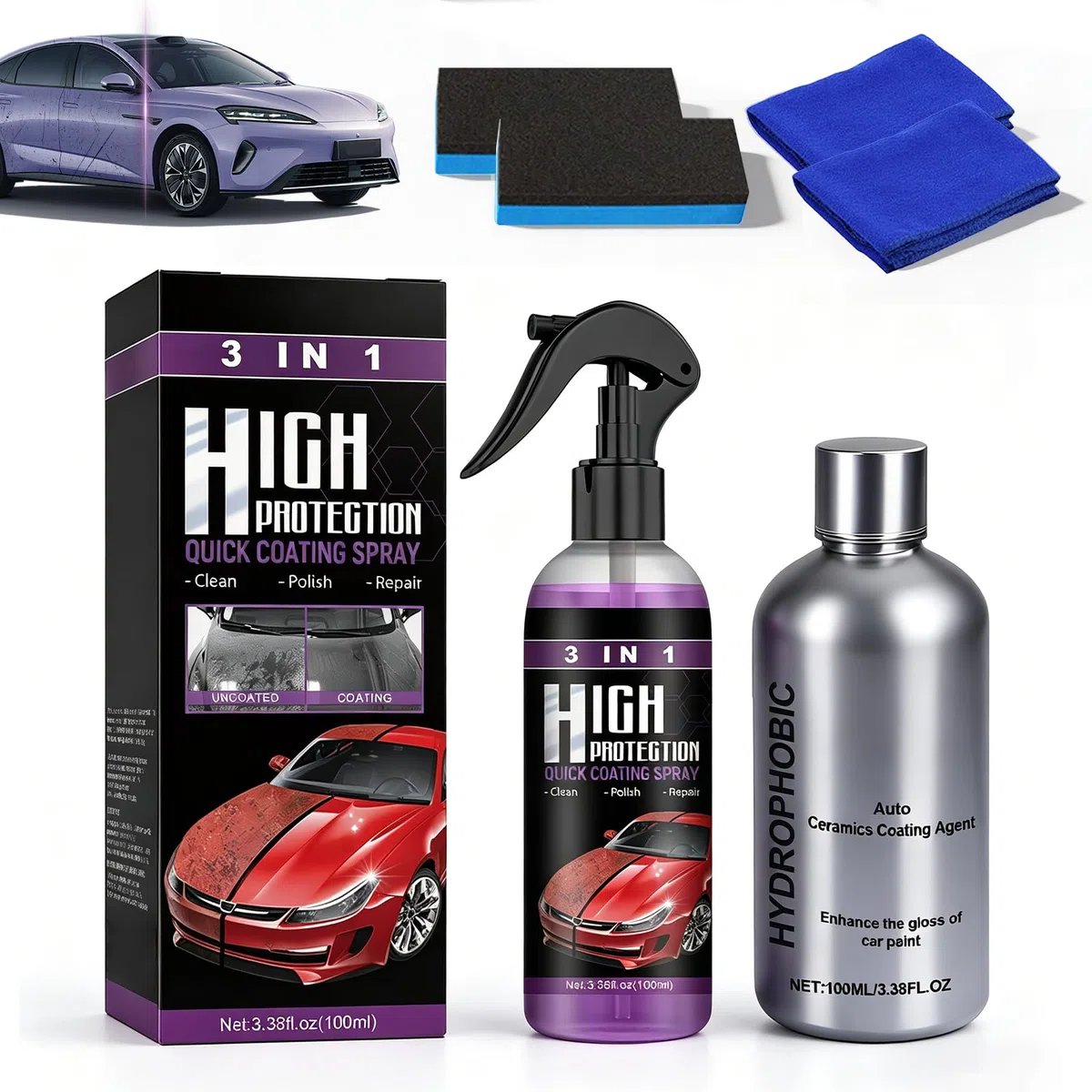 Reparador Arañazos & Pulido Cerámico Coche, 2026 NEW 2-en-1 Quita Arañazos Coche Kit, Paño Microfibra y Esponja Pulidora Para Arañazos y Brillo Intenso, Apto Para Todas las Pinturas