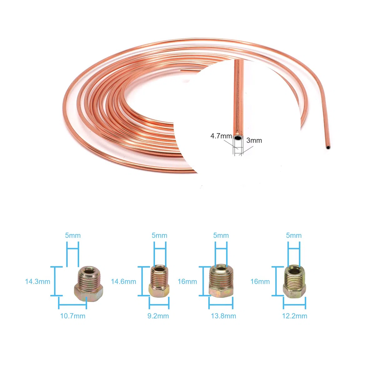 Tubo de freno 7,6 m, Manguera de freno Recubrimiento de aleación de cobre OD 4,75 mm, kit de conducción general de freno de 3/16 pulgadas de repuesto para automóviles con 16 tuercas