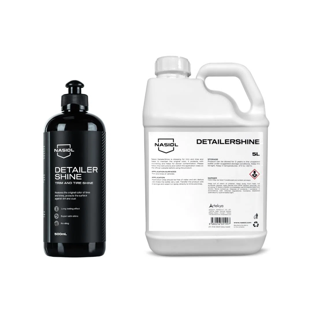 Abrillantador Neumáticos y Plásticos Exteriores | Nasiol DetailerShine | Abrillantador de larga duración para neumáticos y plásticos exteriores. Acabado satinado natural. Repele polvo y suciedad.