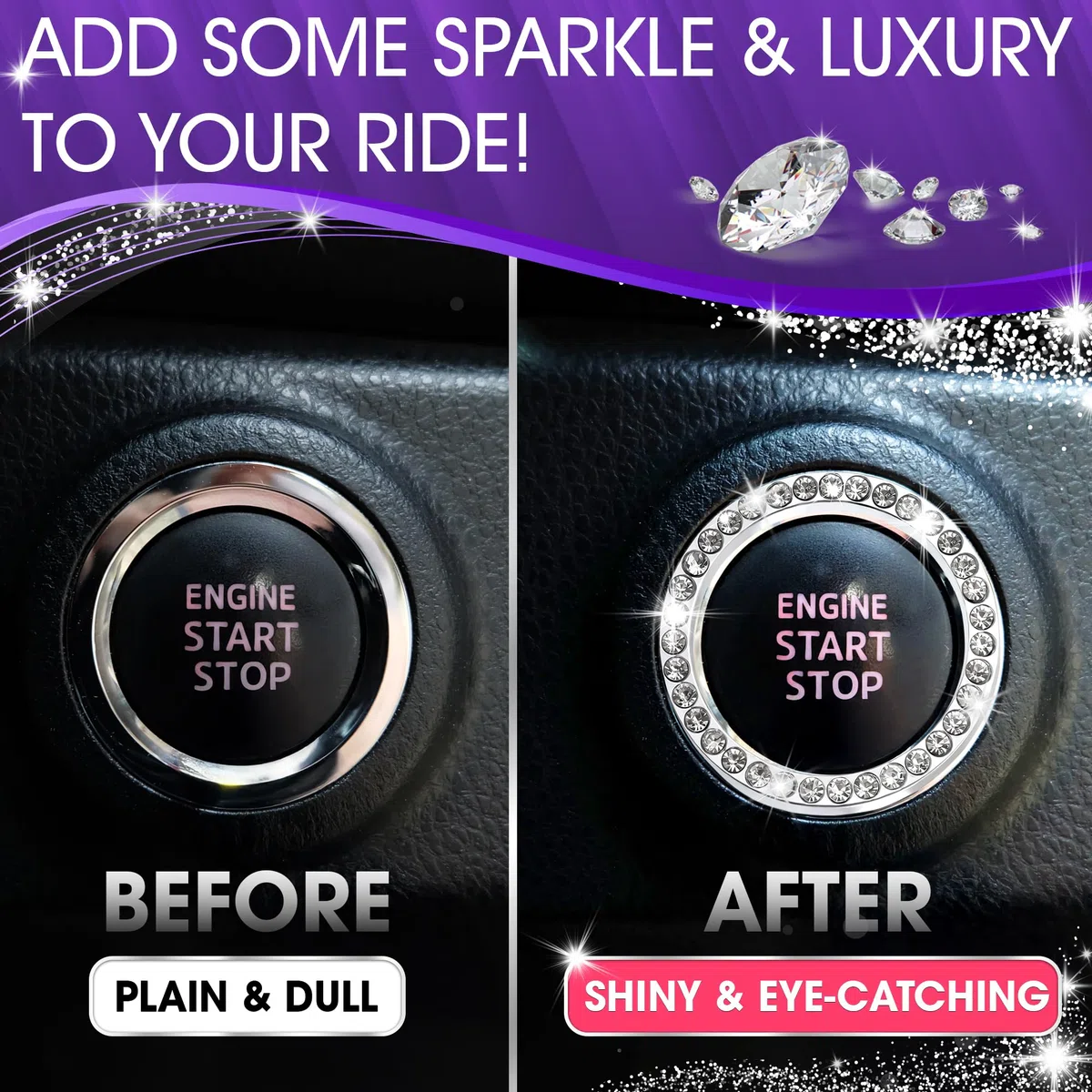 Crystal Rhinestone Car Bling Sticker Ring Emblem, Auto Start Engine Ignition Key & Button Bling, By Bling Car Decor (Silver) by Bling Car Decor