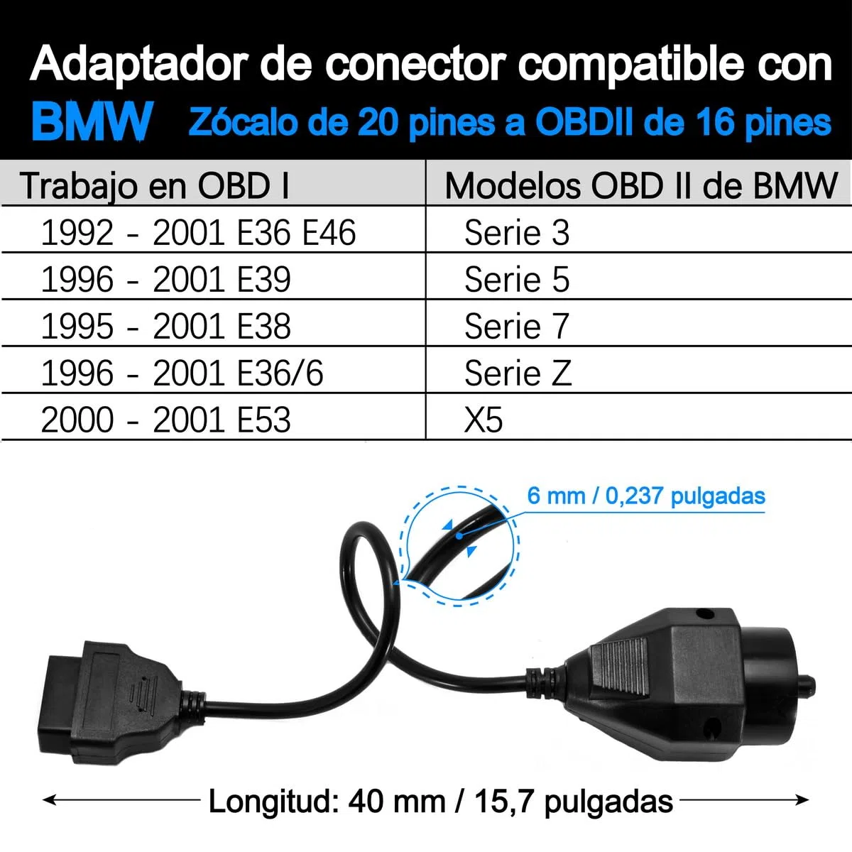 OBD OBD2 Adaptador de diagnóstico de Conector de 16 Pines Compatible con BMW de 20 Pines
