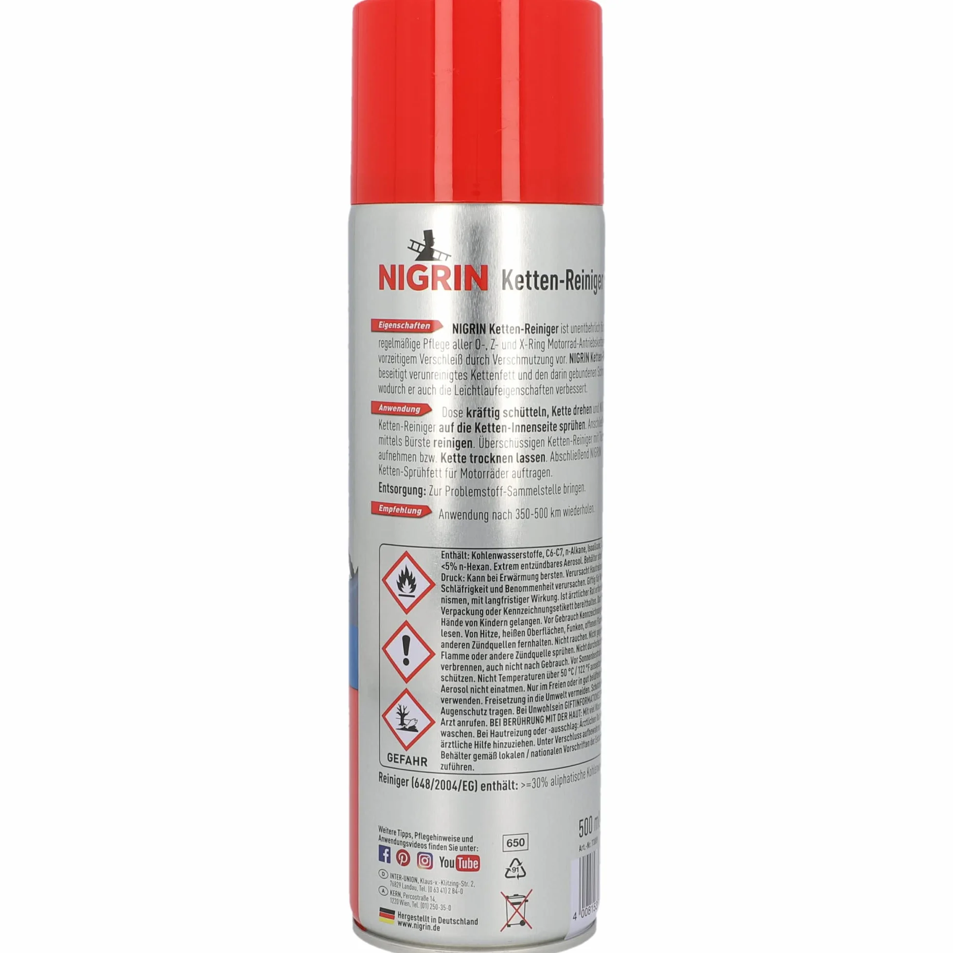 Nigrin 20854-6 limpiadores de cadena de 500 ml, spray de cadena para moto, limpia y desengrasa las cadenas de la motocicleta, incoloro
