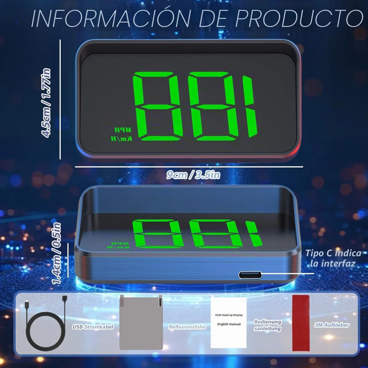 Tacómetro digital HUD Velocímetro: GPS Beidou medidor de velocidad, interfaz USB Plug and Play, proyector de parabrisas, compatible con todos los vehículos