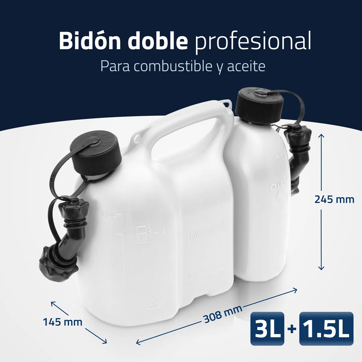 hünersdorff bidón doble/bidón combinado para combustible y aceite con 2 tubos de salida, 3 + 1,5 litros, homologación ONU, Made in Germany