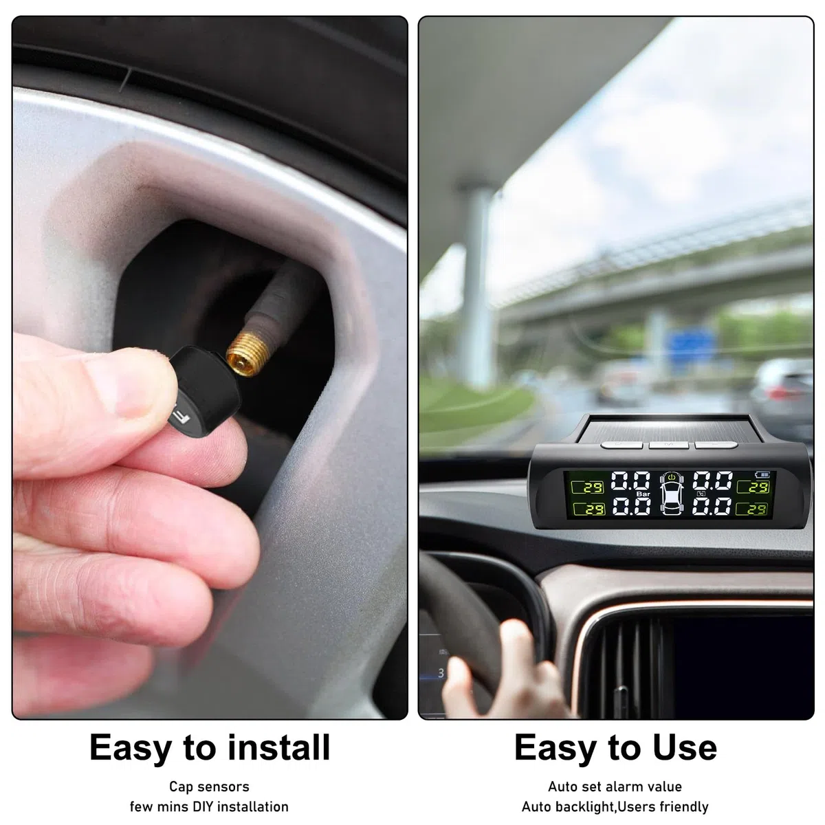 GBKDQQ TPMS Sistema de Control de Presión de Neumáticos, 4 Sensores Externos, Alarma de Temperatura y Vehículo, Sistema de Control de Presión de Neumáticos Solar Sistema de Control de Presión de