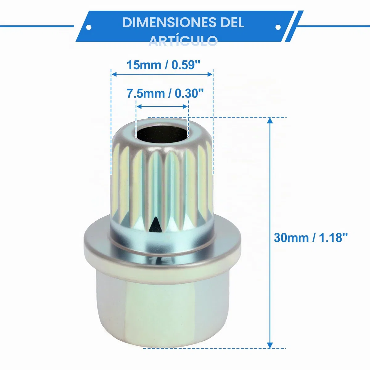 Tuercas Antirrobo Para BMW Plateadas Galvanizado 1 Juego | Estilo 35/19PT, Altura 30mm, Diámetro Ext. 15mm, Diámetro Int. 7.5mm, Torsión 120Nm, Aleación De Acero Galvanizado