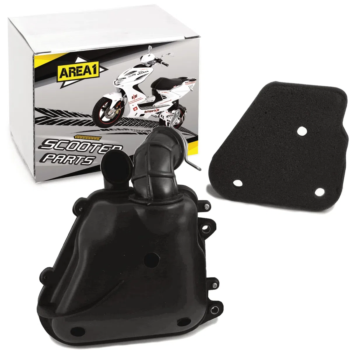 Area1 Caja de filtro de aire + inserto para 50 ccm 2T compatible con Yamaha Aerox 50 R/Naked Neos Jog R BWS Why Slider, apto para MBK Nitro Booster Ovetto MachG Stunt, Malaguti F12 15 Benelli K2 491