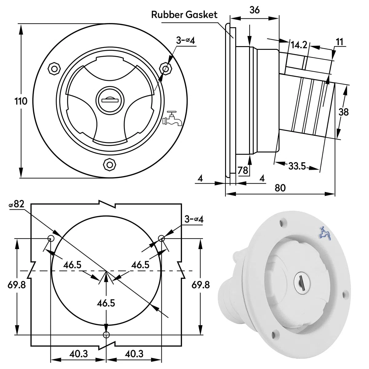 Entrada de Agua para Autocaravanas, Tapa de Llenado de Escotilla a Prueba de Fugas de Bloqueo de Agua Dulce Por Gravedad, Entrada de Agua Rv con Adaptador de Tapa de Tanque de Bloqueo con 2 Llaves