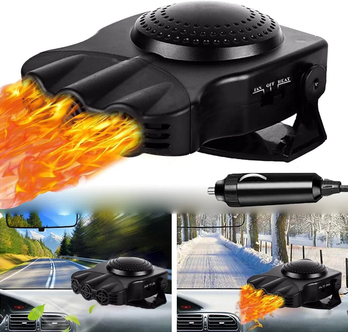 Calefacción para Coche, 12V 200W descongelante portátil, 30 Segundos, Calentamiento rápido, Enchufe descongelante en el Encendedor de Cigarrillos, 2 en 1 para Parabrisas de Coche