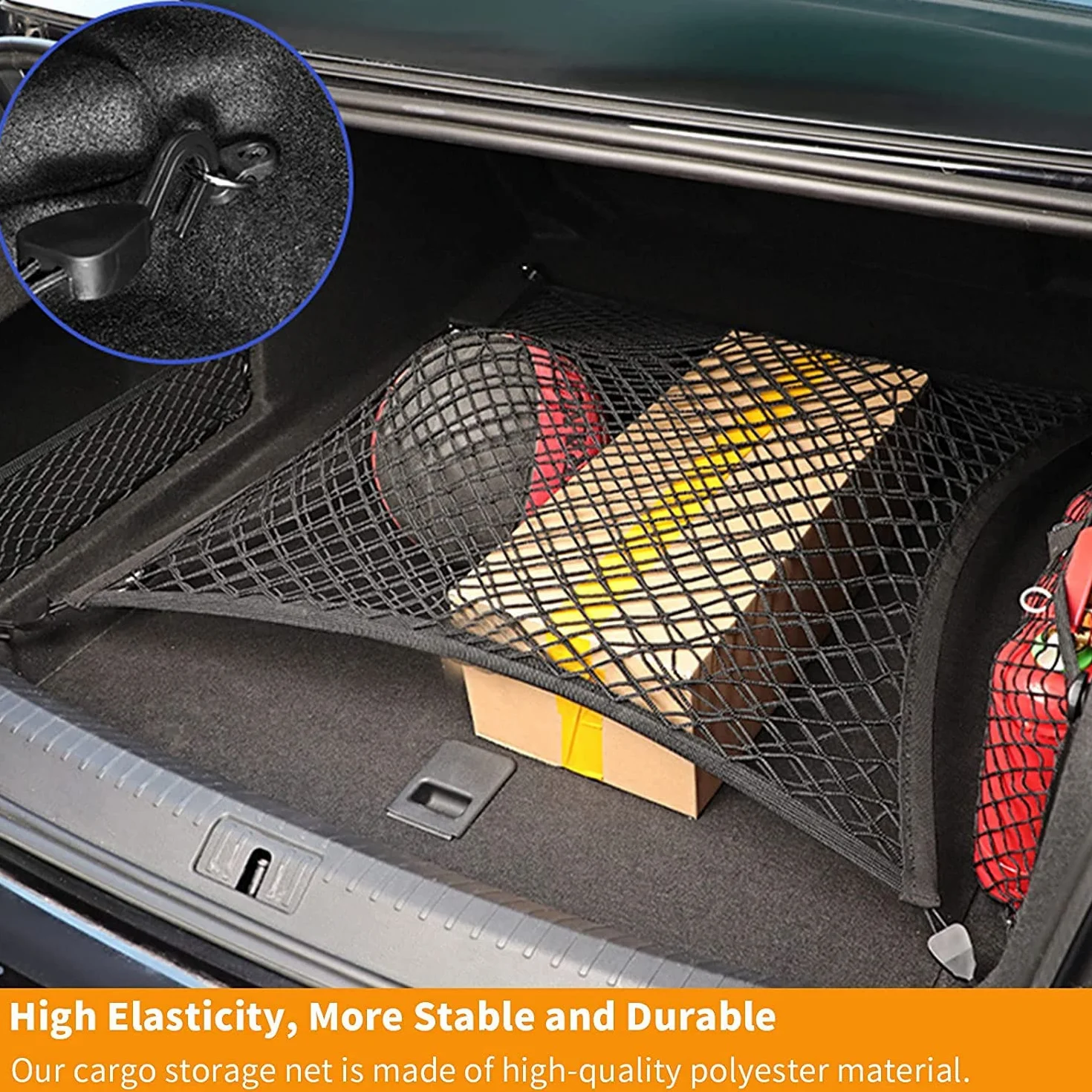 Red Maletero de Coche, Almacenamiento Red se Extiende hasta 140x100CM, con 2 PCS Organizador Bolsa de Red +4 Mosquetones+4 Ganchos ABS, el Borde elástico sujeta Las Cargas con Mayor firmeza