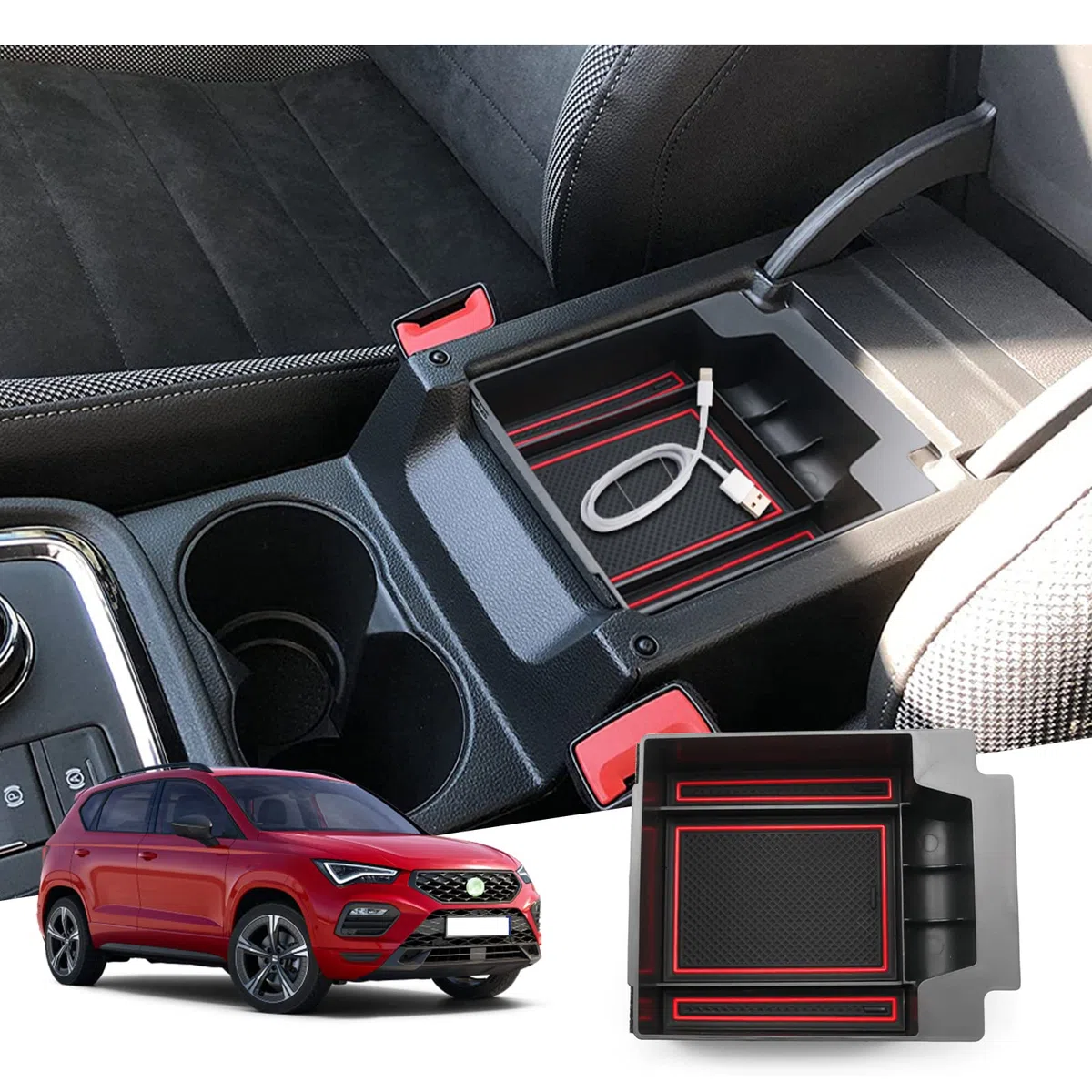 GAFAT Seat Ateca FR Facelift/Cuprα Ateca 2017-2025 2026 Caja de Almacenamiento para Consola Central, Reposabrazos Organizador para la Guantera, Seat Ateca Accesorios (Rojo)
