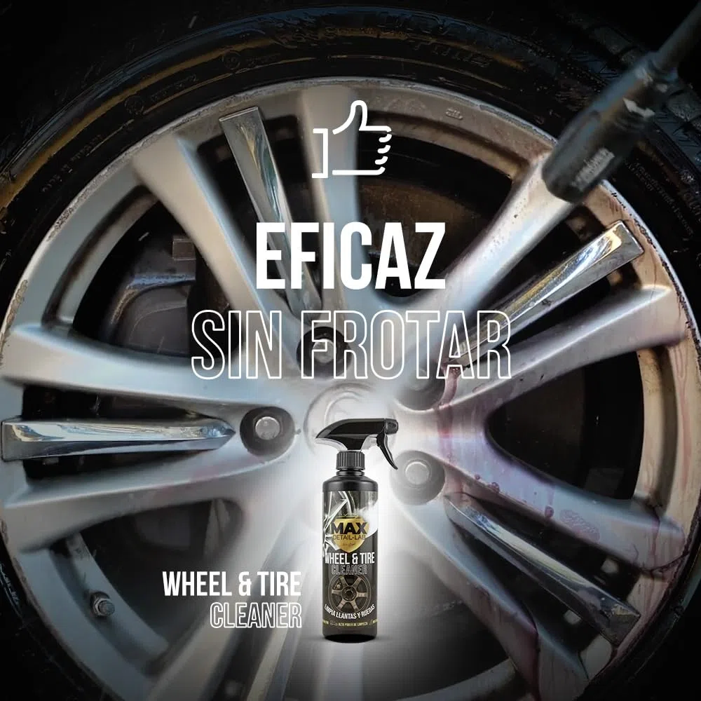 MAX DETAIL-LAB - Wheel & Tire - Limpia Llantas Coche Sin Ácido, Iron Cleaner Descontaminante Ferrico, Triple Acción Sin Frotar, Desengrasante Abrillantador, Kit Limpieza Detailing Profesional 500ml