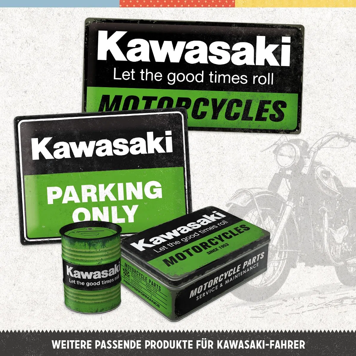 Nostalgic-Art Cartel de chapa retro, Kawasaki - Parking Only Green – Idea de regalo para aficionados as motos, metálico, Diseño vintage, 30 x 40 cm