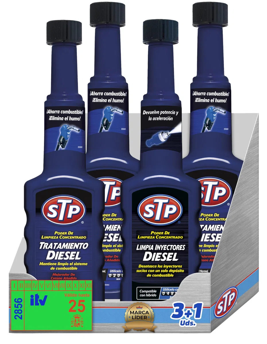 STP Limpia Inyectores Diesel + 3 Tratamientos - PACK DE 3+1 PRE ITV DIESEL 1 HORA - Reduce emisiones, ahorra combustible y mejora el rendimiento, 4X200 ml, El embalaje puede variar